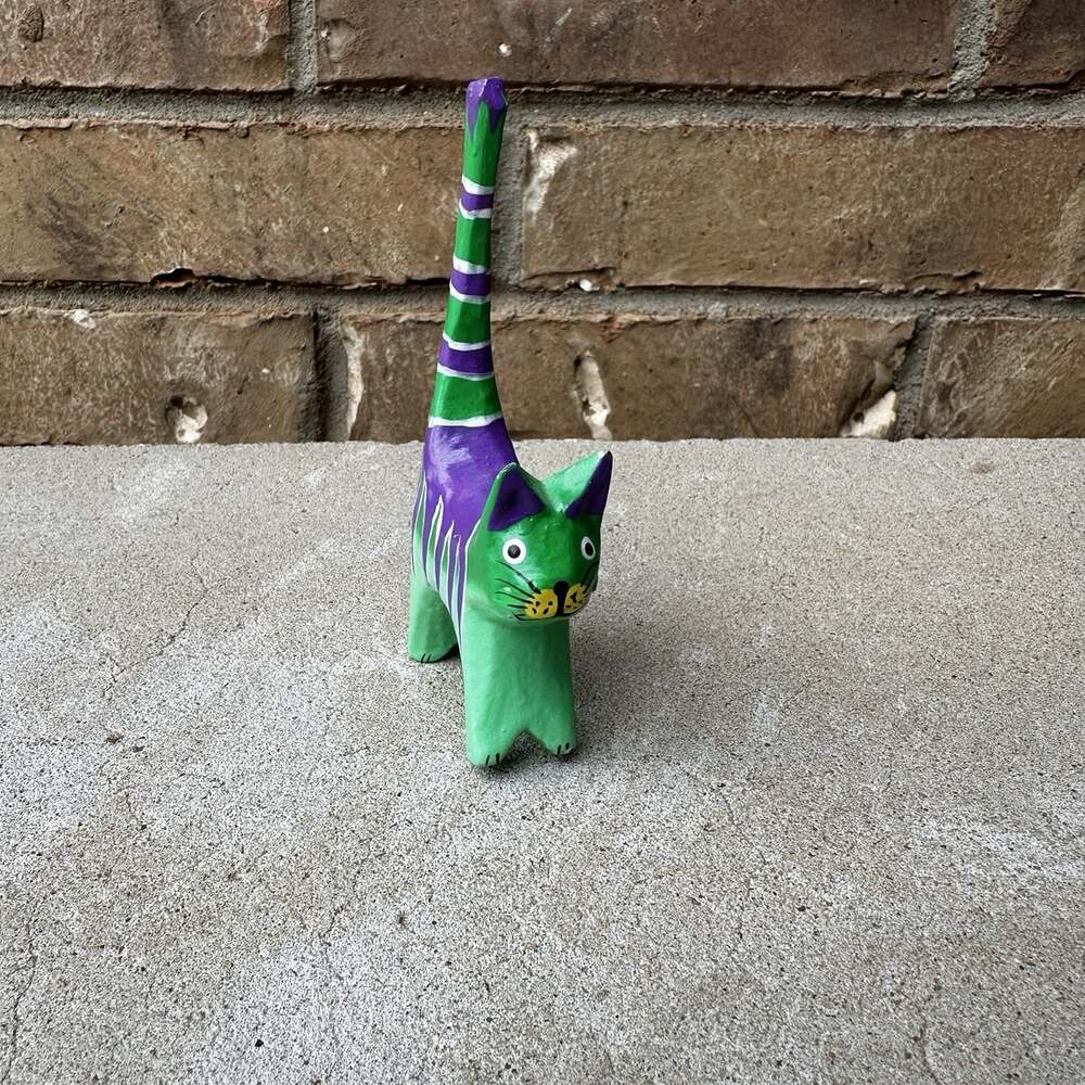Cat Ring Holder Figurine Hand Carved Wooden Folk Art Hand Painted Teal Purple